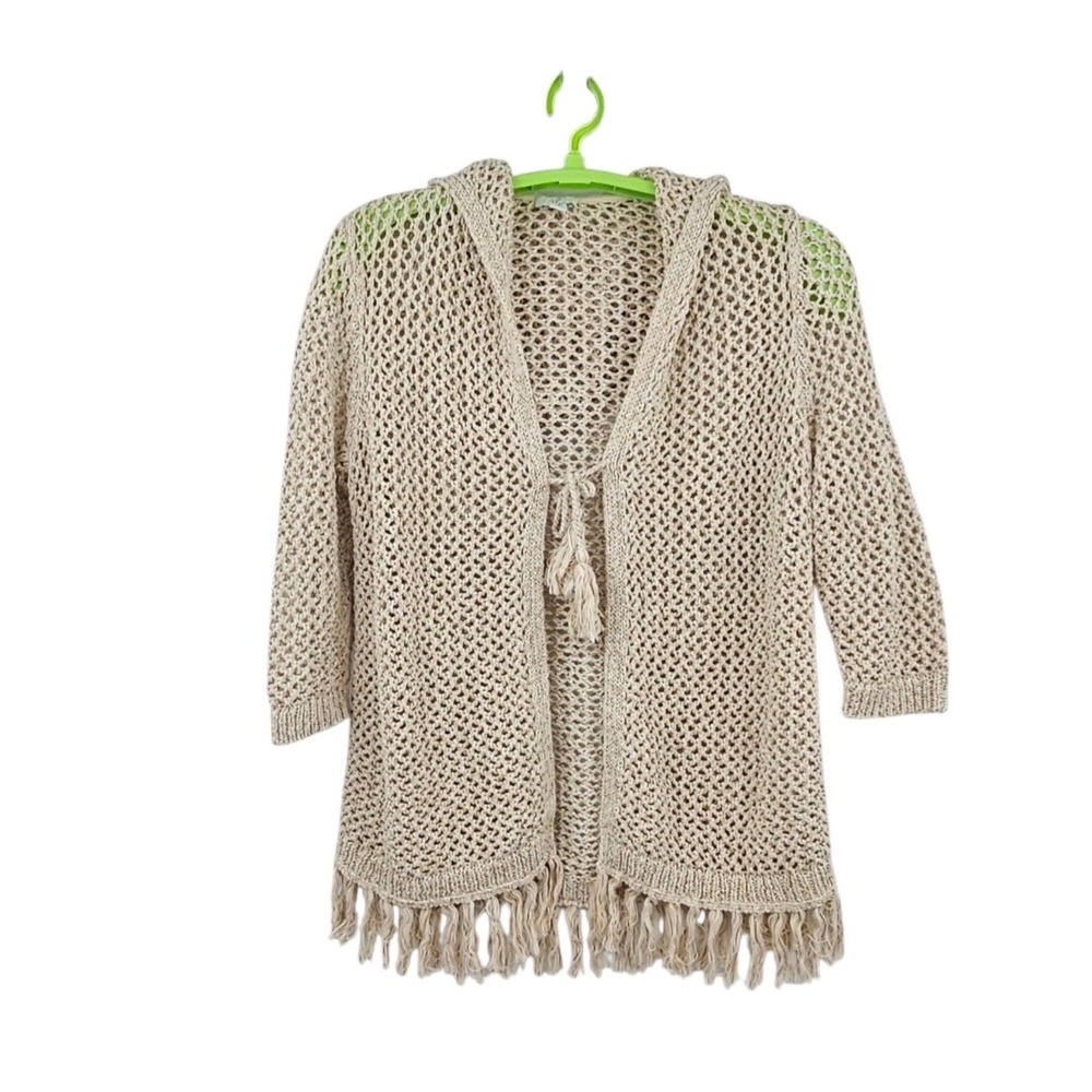 J Jill Open Front Crochet Knit Hooded Cardigan Sweater Fringe Trim Medium
